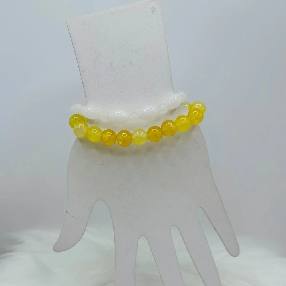 Celina Yellow Glass & White Rabbit Beaded Bracelet Duo